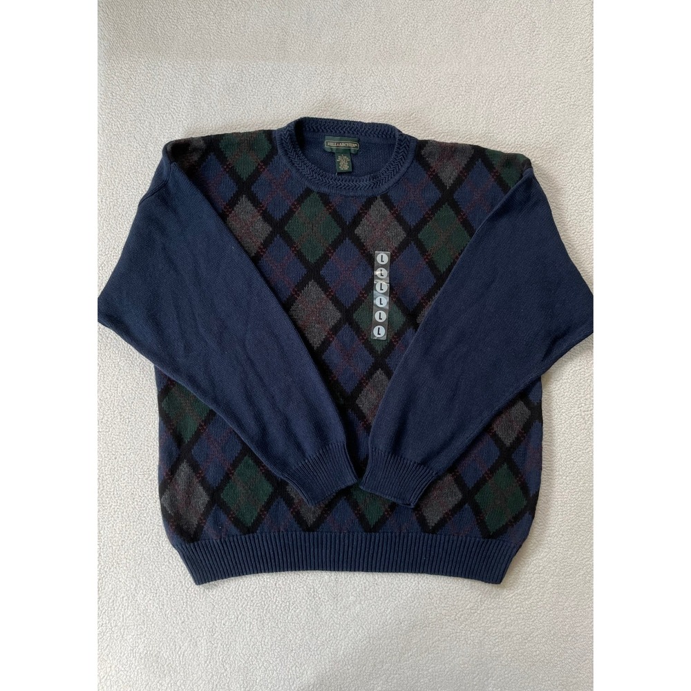 Vintage 90s NWT Hill & Archer Mens Large Sweater Navy Blue Argyle Ramie‎ Cotton